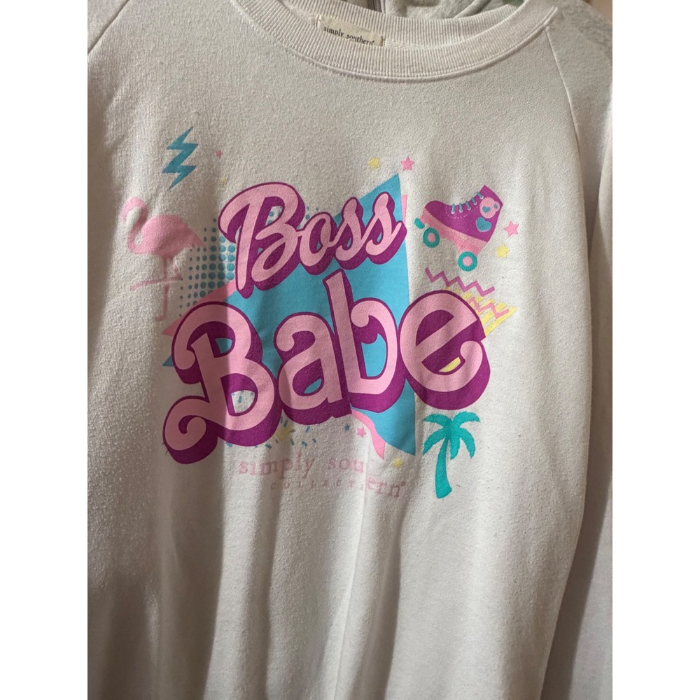 Simply Southern Boss Babe Sweatshirt XXL White Retro 80s Graphic Pullover Raglan - Picture 1 of 6